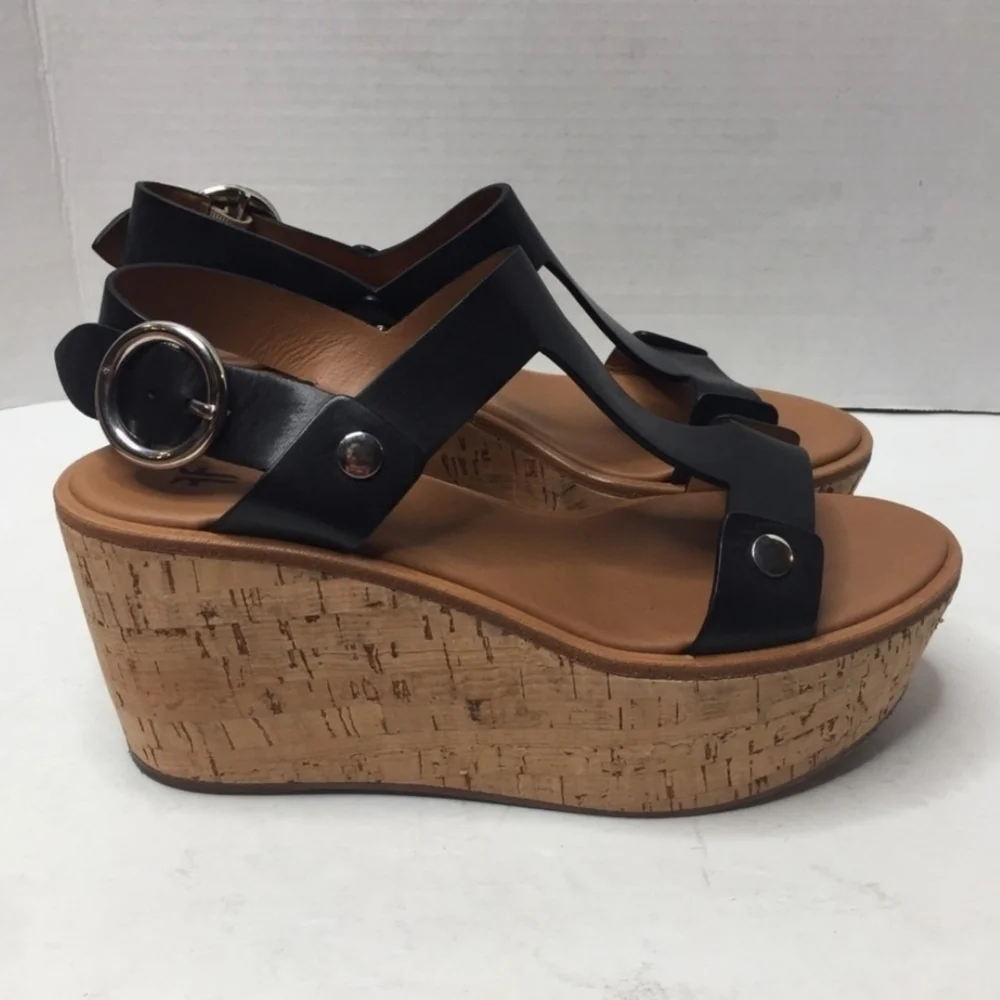 FRYE // dahlia black leather upper rivet detail platform cork wedge sandals